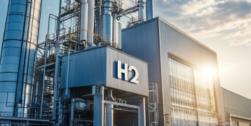 a industrial building creating hydrogen, the building looks sustainable and it's written H2 on it, the sun is shining